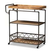 Baxton Studio Amado Rustic Industrial Farmhouse Oak Brown Finished Wood and Black Metal 3-Tier Mobile Kitchen Cart